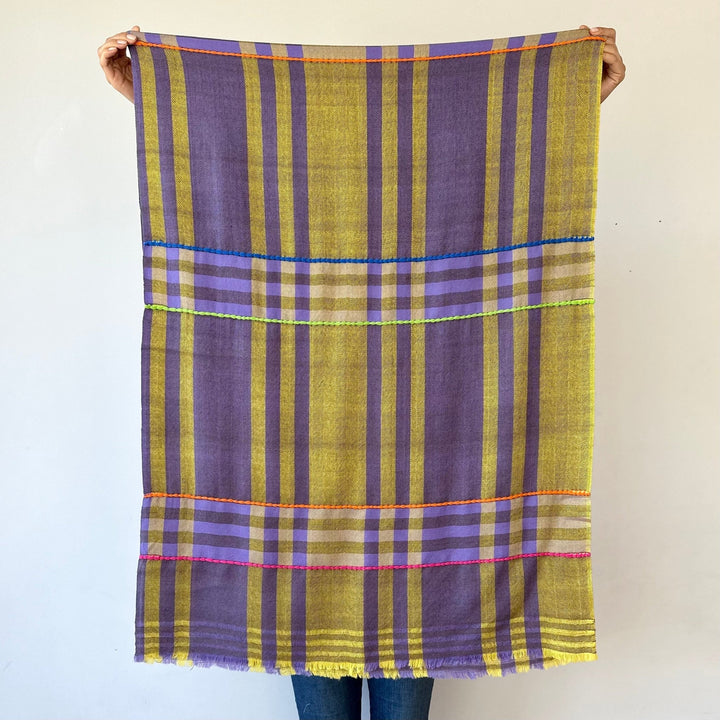 Himalaya-Schal | Pashmina, Wolle | Violet-Yellow-ColourStripes - Atelier Tibet
