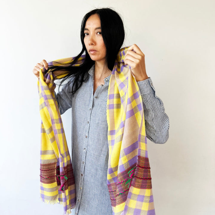 Himalaya-Schal | Pashmina, Wolle | Violet-Yellow-RedGreen Stripes - Atelier Tibet