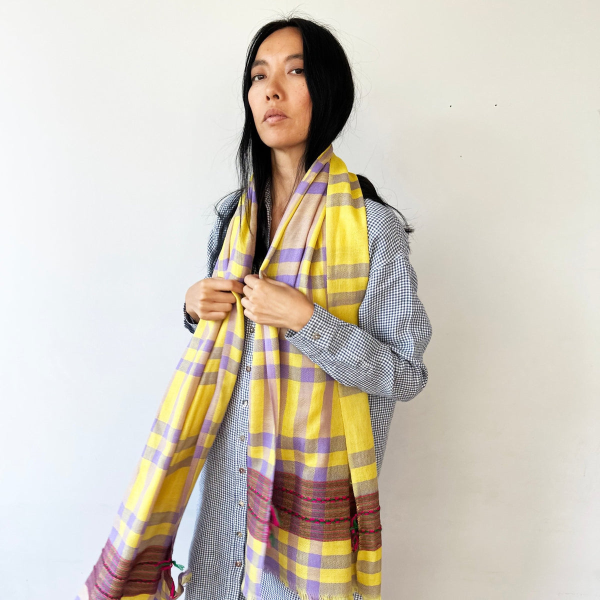 Himalaya-Schal | Pashmina, Wolle | Violet-Yellow-RedGreen Stripes - Atelier Tibet