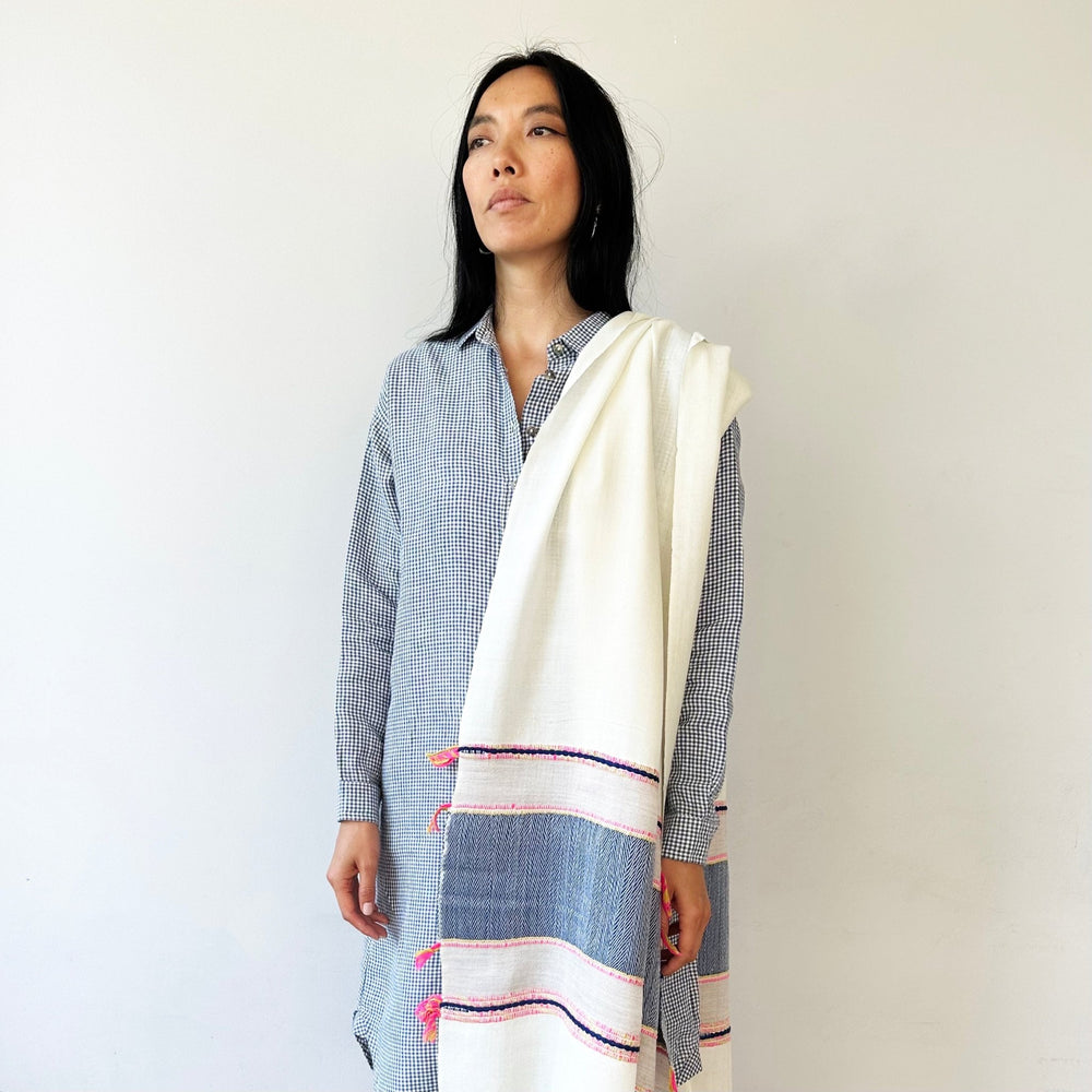 Himalaya-Schal | Pashmina, Wolle | White-Blue-Pink - Atelier Tibet