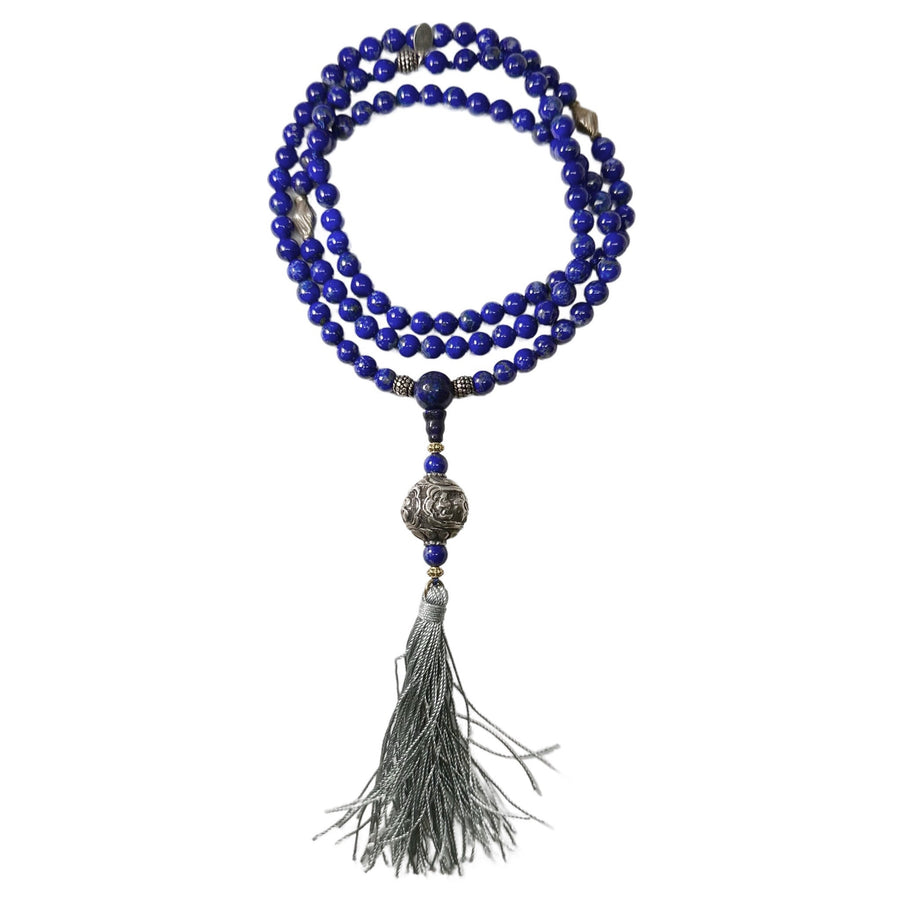 Lapis Lazuli-Mala mit Silberperlen und Quaste - Atelier Tibet