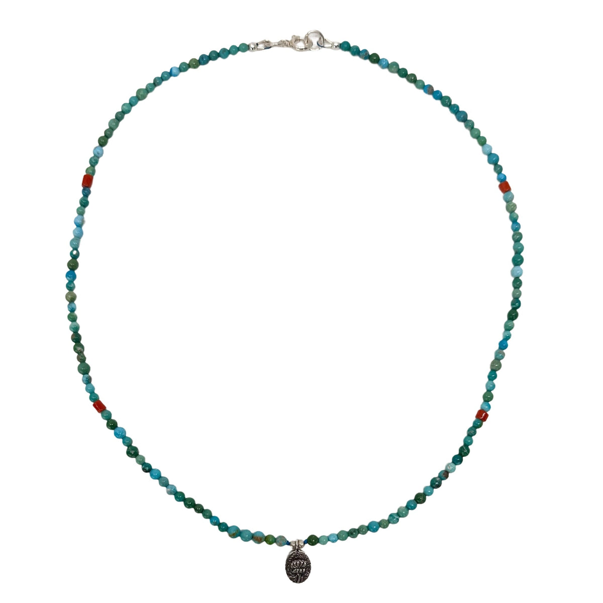 Türkis-Kette mit Koralle und Silber-Lotus-Anhänger - Atelier Tibet